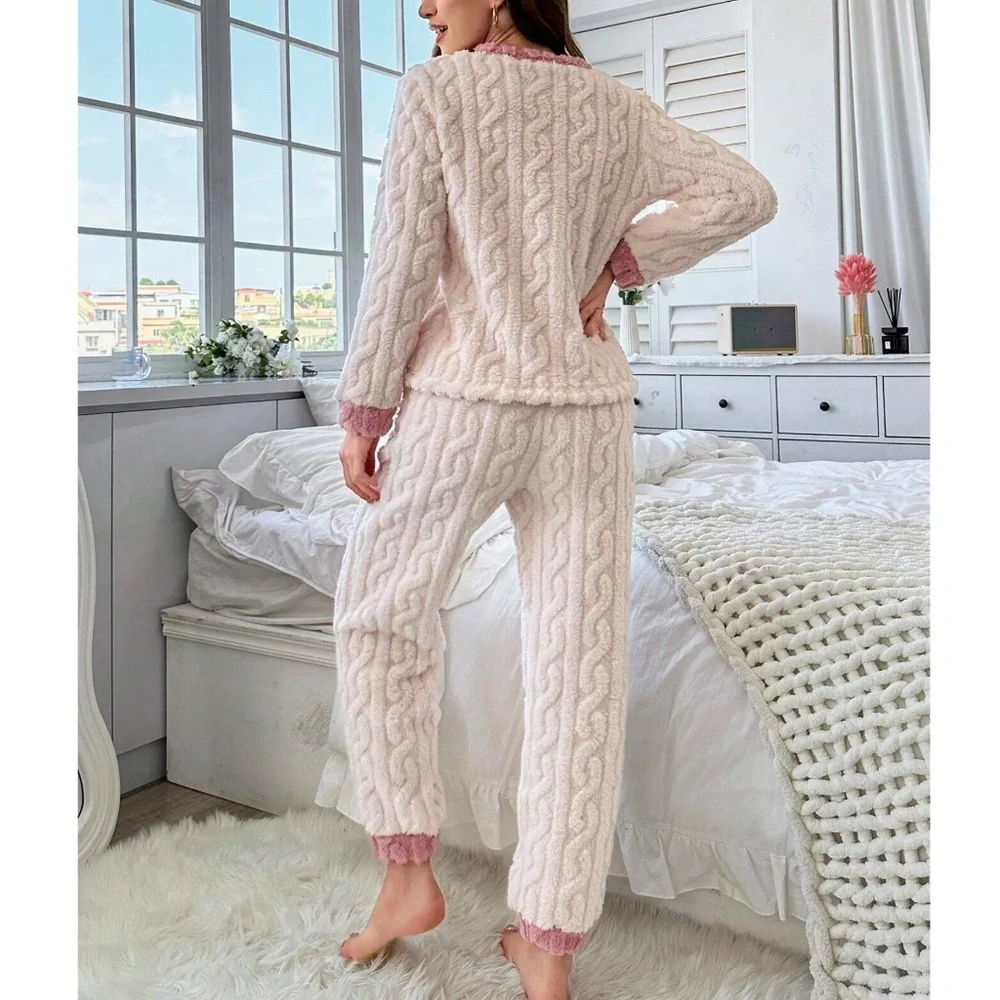 Cozy Teddy Textured Color Block Pajamas Lounge Set - Picture 6 of 8